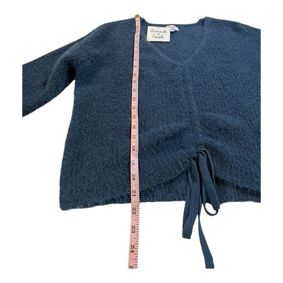 Sunsets & Sixth Fuzzy Long Sleeve Indigo Blue Tie V Neck Slouchy Sweater NEW - Picture 3 of 13